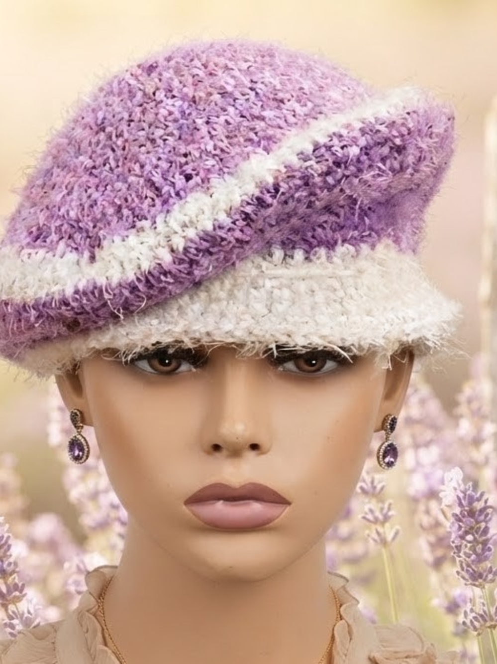 Lavender & Cream Textured Knit Newsboy Cap - Women Accessories